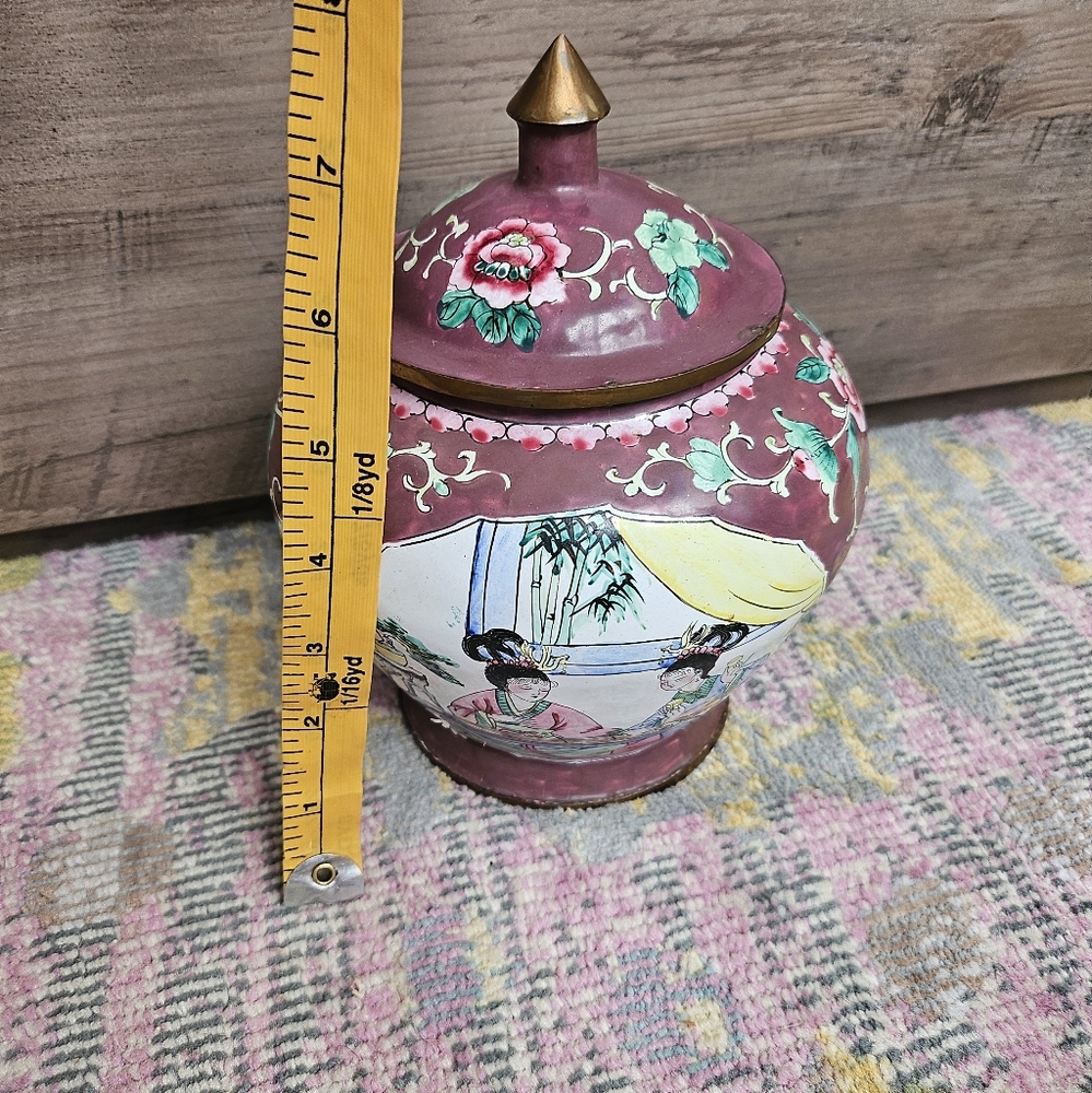 Vintage Chinese Cloisonne Enamel Brass Ginger Jar Lid Vase Urn Geisha Floral